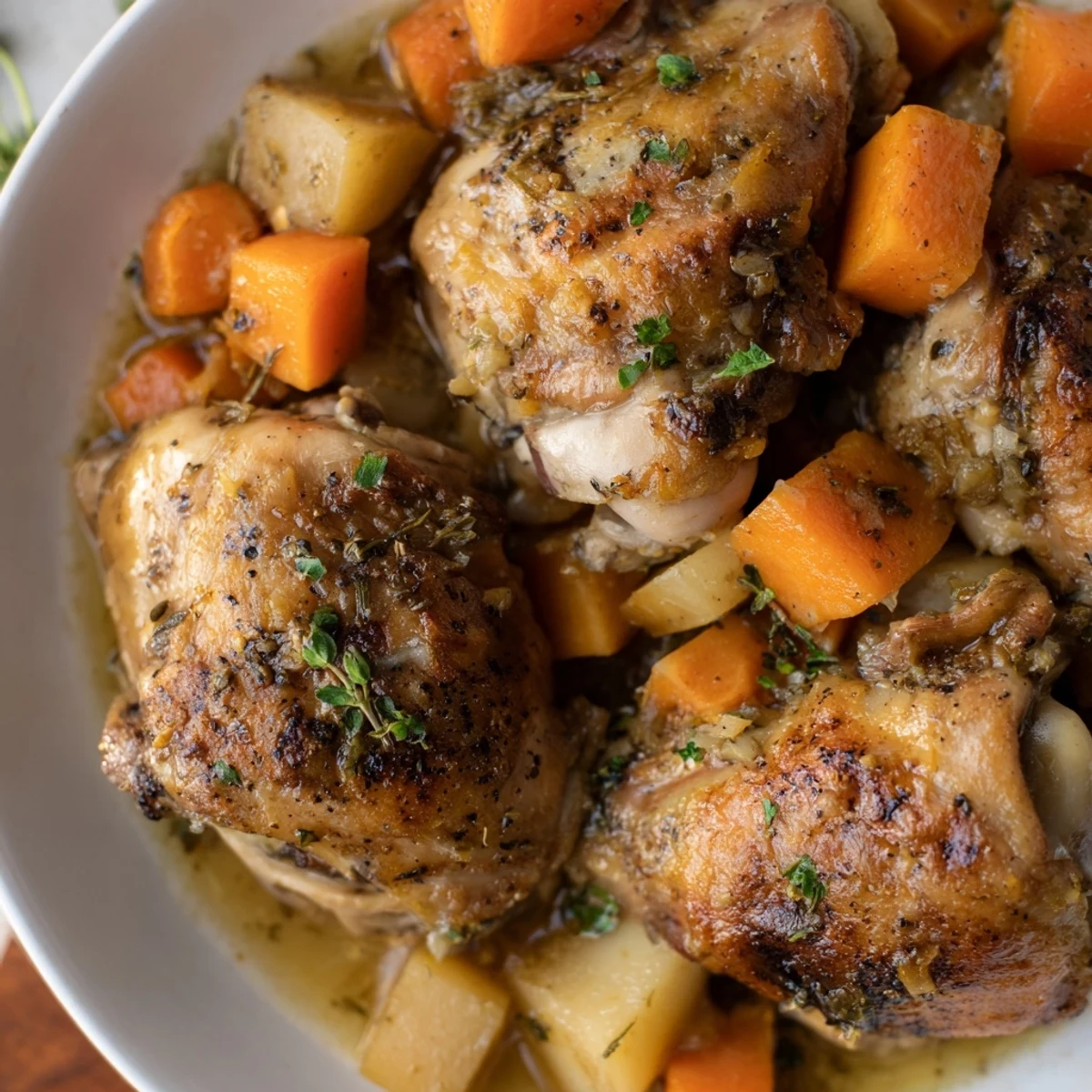 Slow cooker chicken dinner with tender vegetables and savory herb sauce in rustic bowl