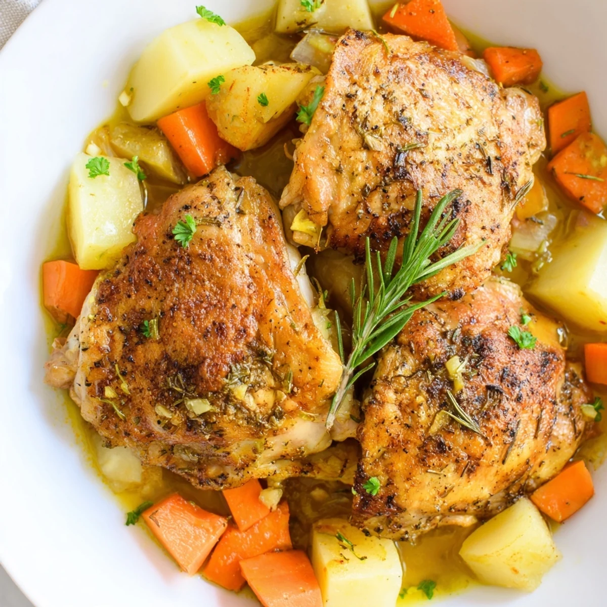 Juicy slow cooker chicken dinner served over chunky potatoes with carrots and fresh parsley