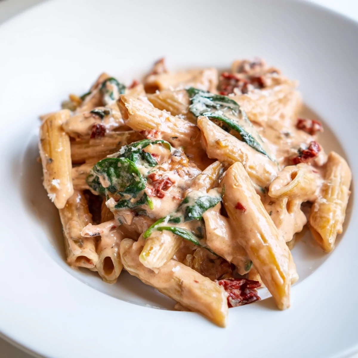 Creamy sun dried tomato spinach pasta in a rustic skillet with vibrant green wilted leaves