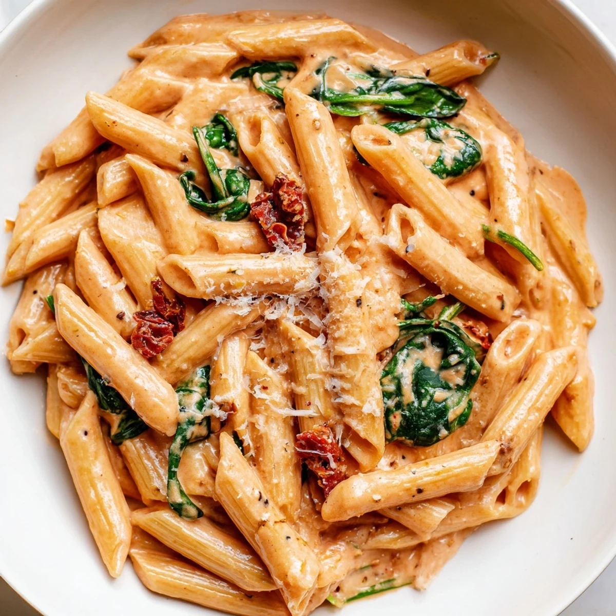 Penne coated in velvety sun dried tomato spinach pasta sauce with flecks of garlic