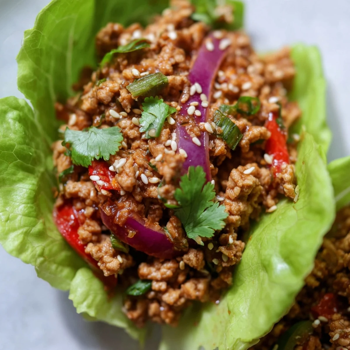 Seasoned ground turkey served in crisp lettuce cups with fresh vegetables and sesame seeds