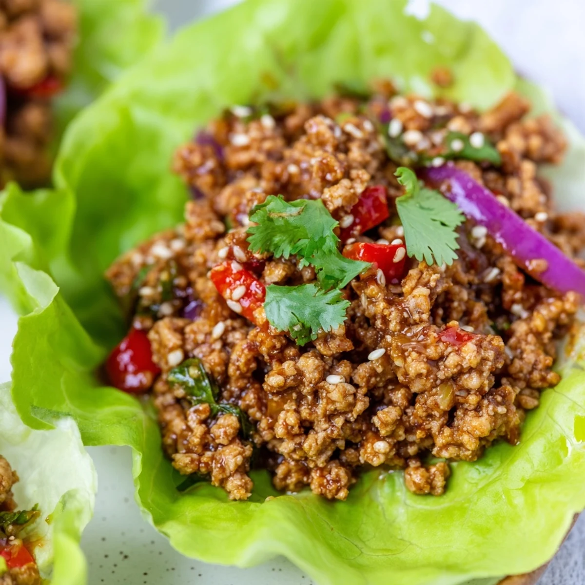 Healthy ground turkey lettuce wrap bowls topped with cilantro and lime wedges