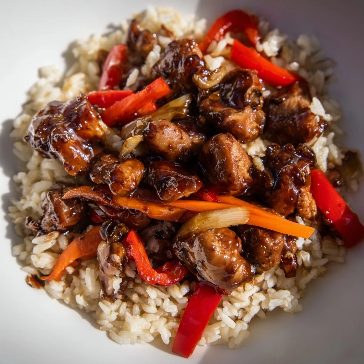 Tender glazed chicken and vegetables over fluffy rice in this Korean BBQ skillet