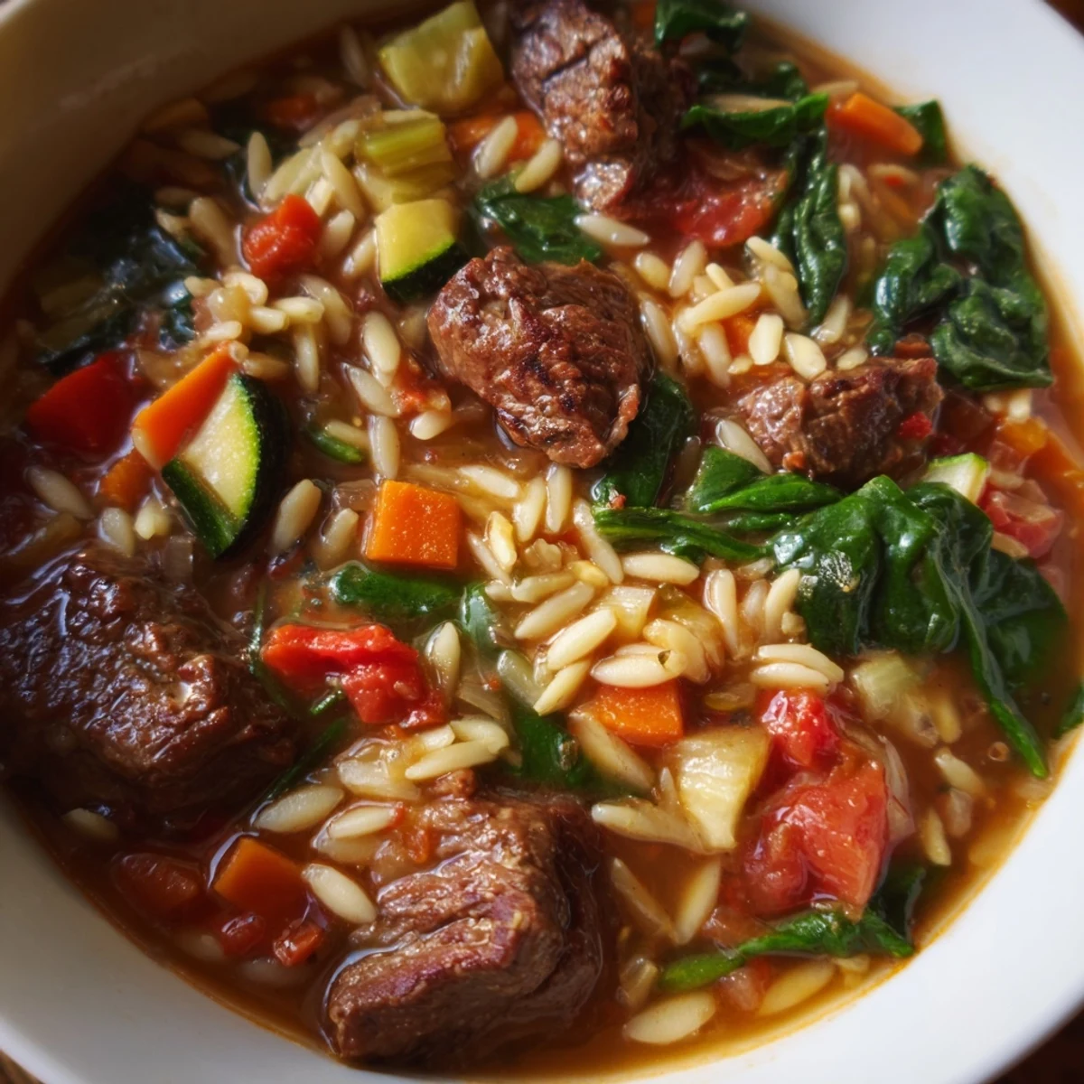 A rustic bowl of hearty beef and orzo soup garnished with fresh parsley