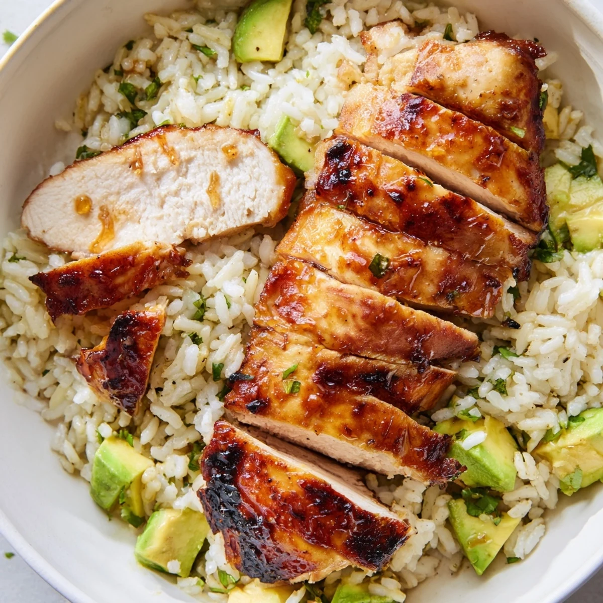 Golden honey lime chicken with grill marks served over creamy green avocado rice