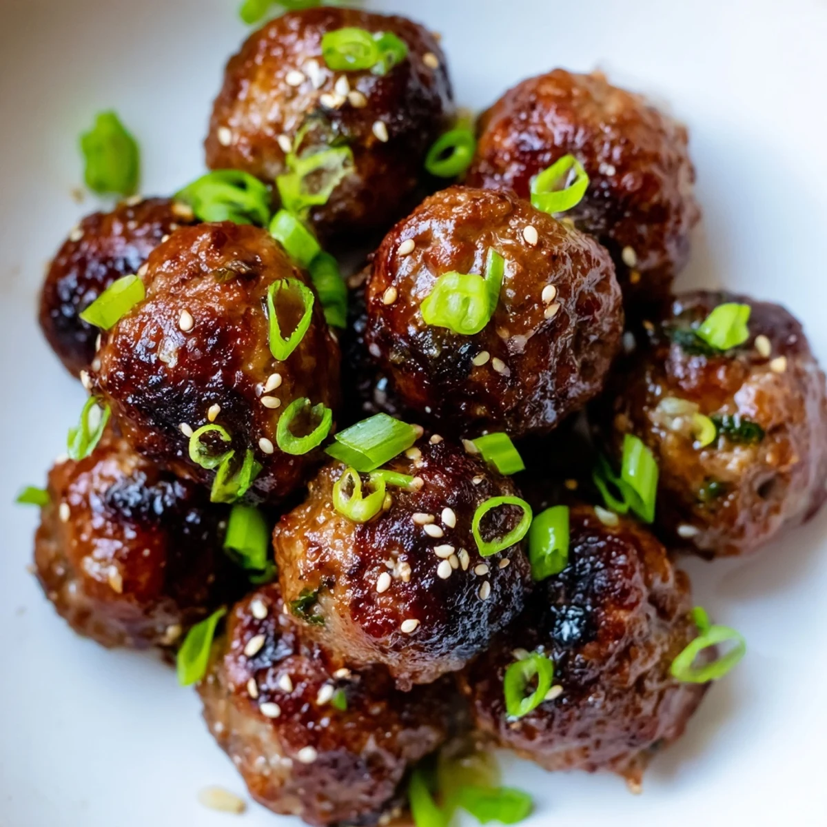 Golden brown Korean BBQ meatballs topped with sesame seeds and fresh green onion garnish