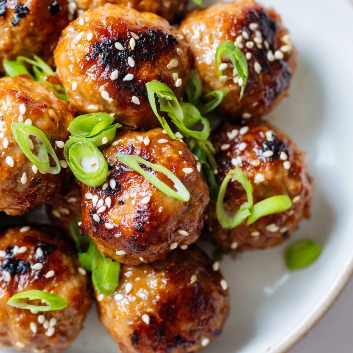 Juicy Korean BBQ meatballs arranged on a platter with creamy spicy mayo dipping sauce