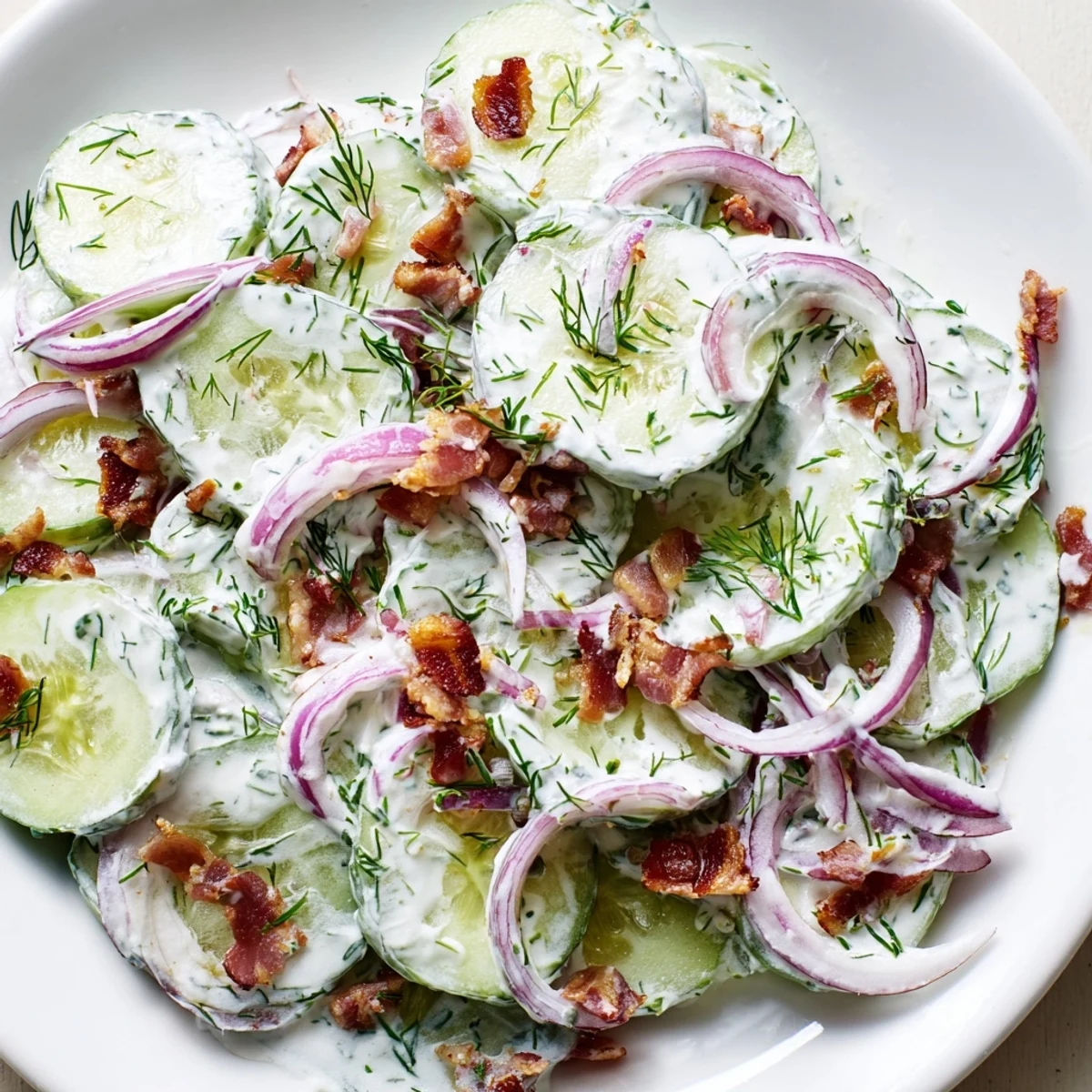Crisp cucumber salad with bacon tossed in creamy Greek yogurt dressing
