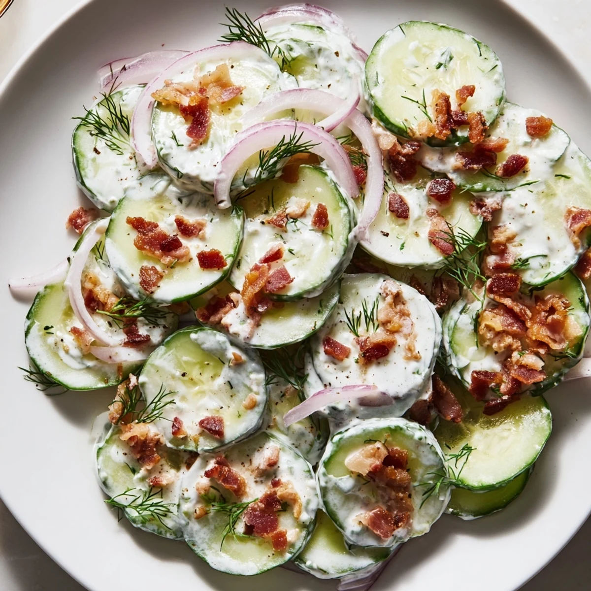 Healthy cucumber salad with bacon topped with fresh dill and red onions