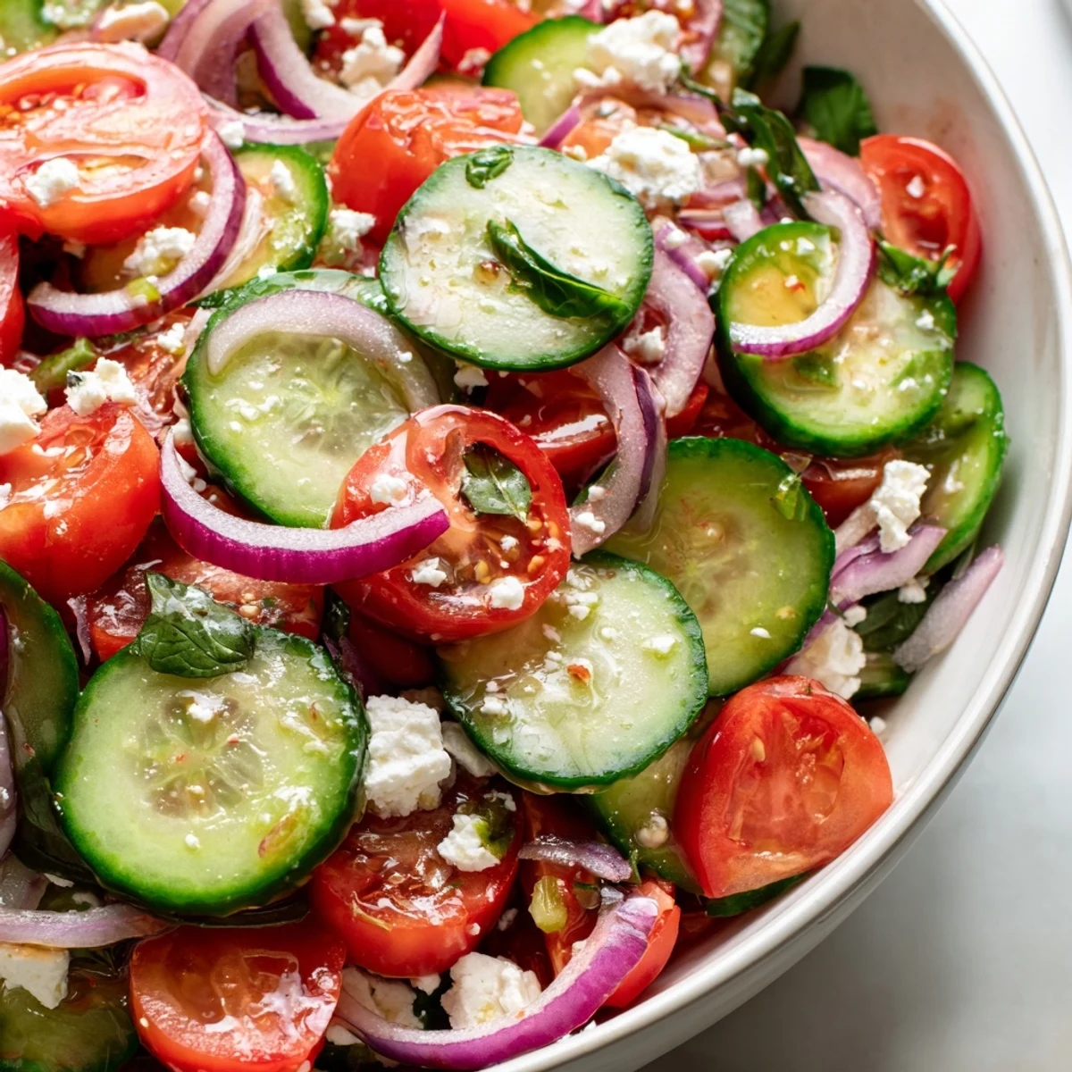Crisp Italian cucumber salad with ripe tomatoes and red onion in zesty herb dressing