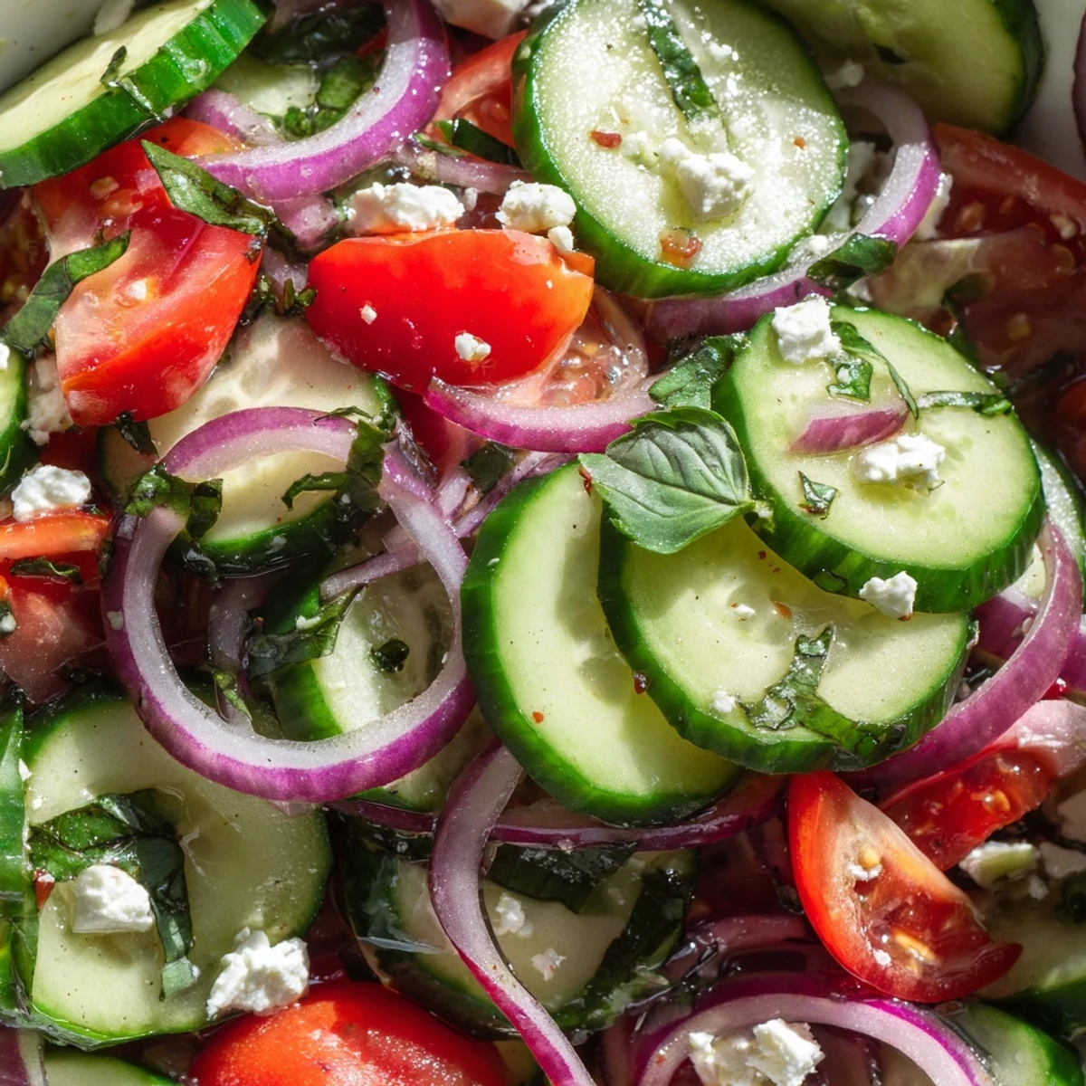 Fresh Italian cucumber salad featuring sliced vegetables tossed in tangy red wine vinaigrette