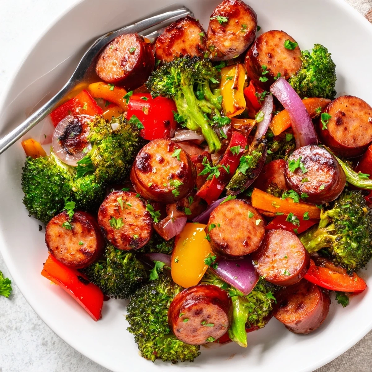 Caramelized honey garlic kielbasa with colorful roasted vegetables on a sheet pan