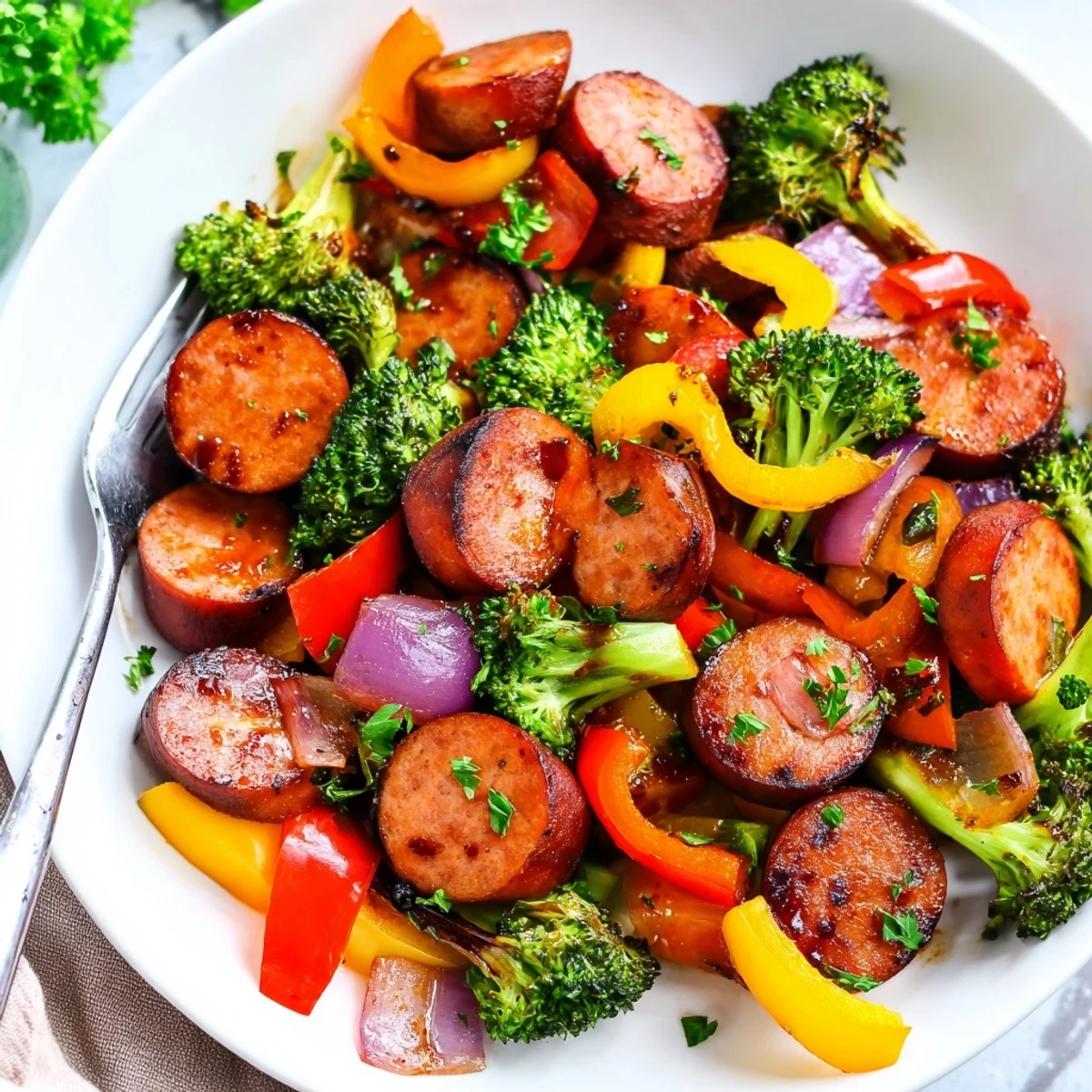 Sliced kielbasa glistening with honey garlic glaze beside tender broccoli and bell peppers