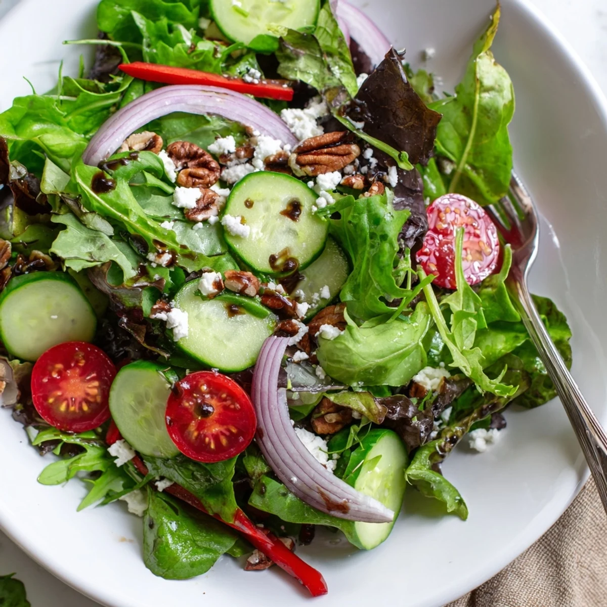 Fresh spring mix salad with colorful vegetables and tangy balsamic dressing in wooden bowl