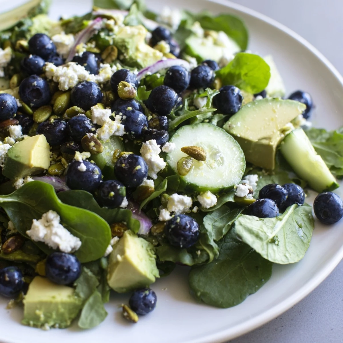 Blueberry Pistachio Spring Salad topped with crumbled feta and creamy avocado cubes