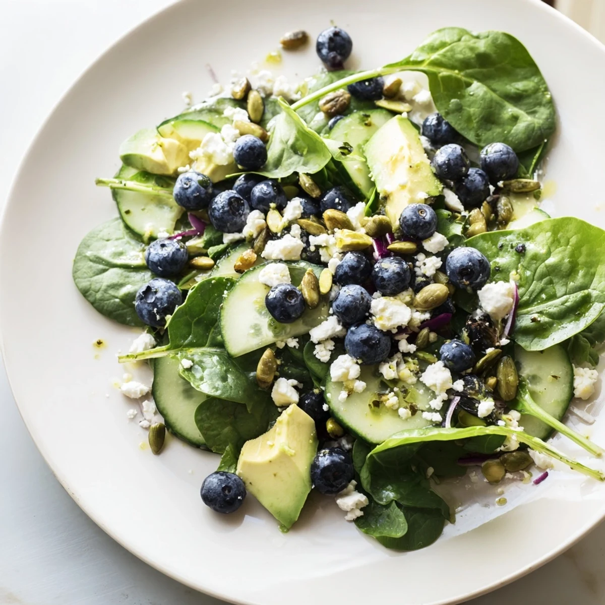 Fresh Blueberry Pistachio Spring Salad served in a bowl with lemon dressing