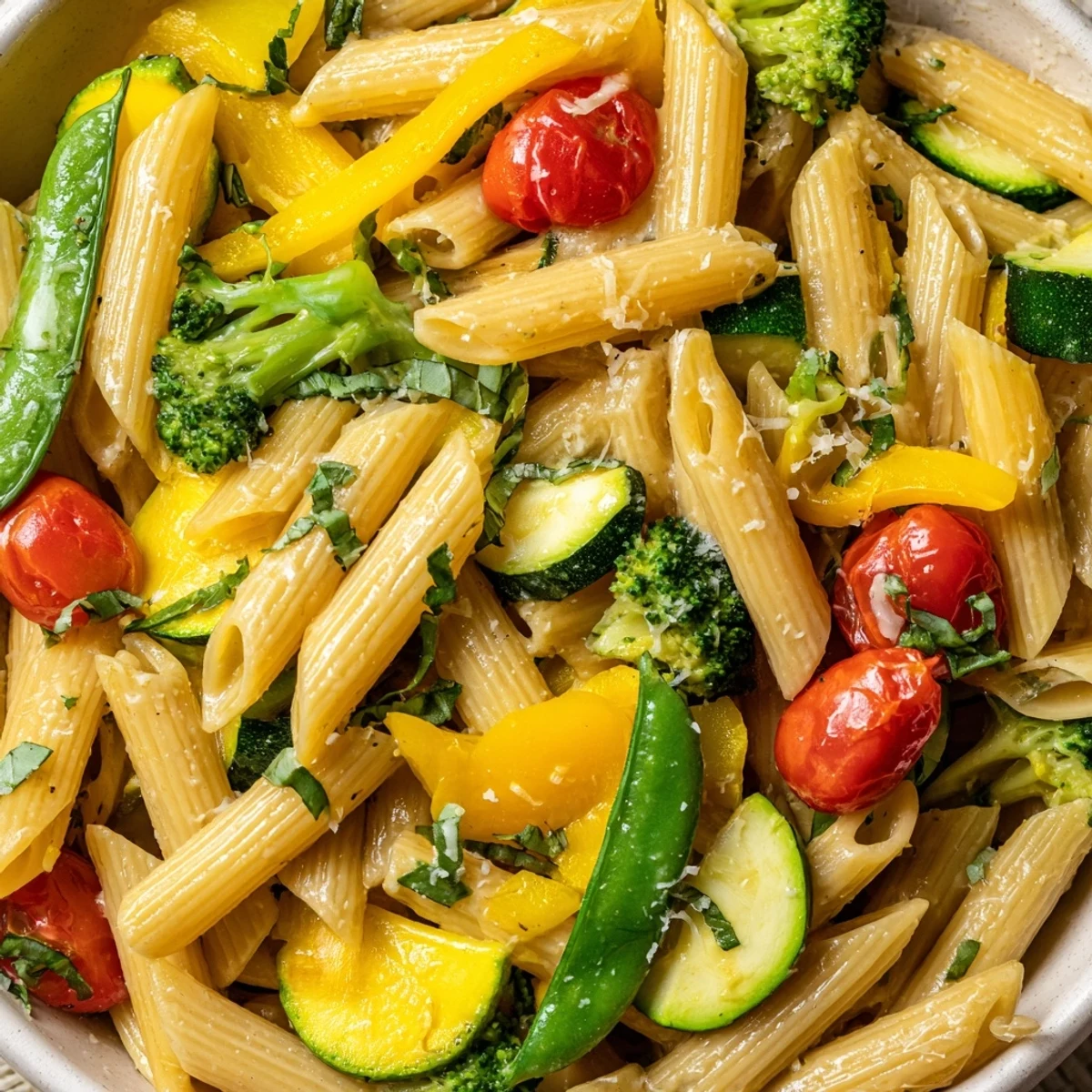 Colorful Pasta Primavera loaded with fresh spring vegetables in a light garlic sauce