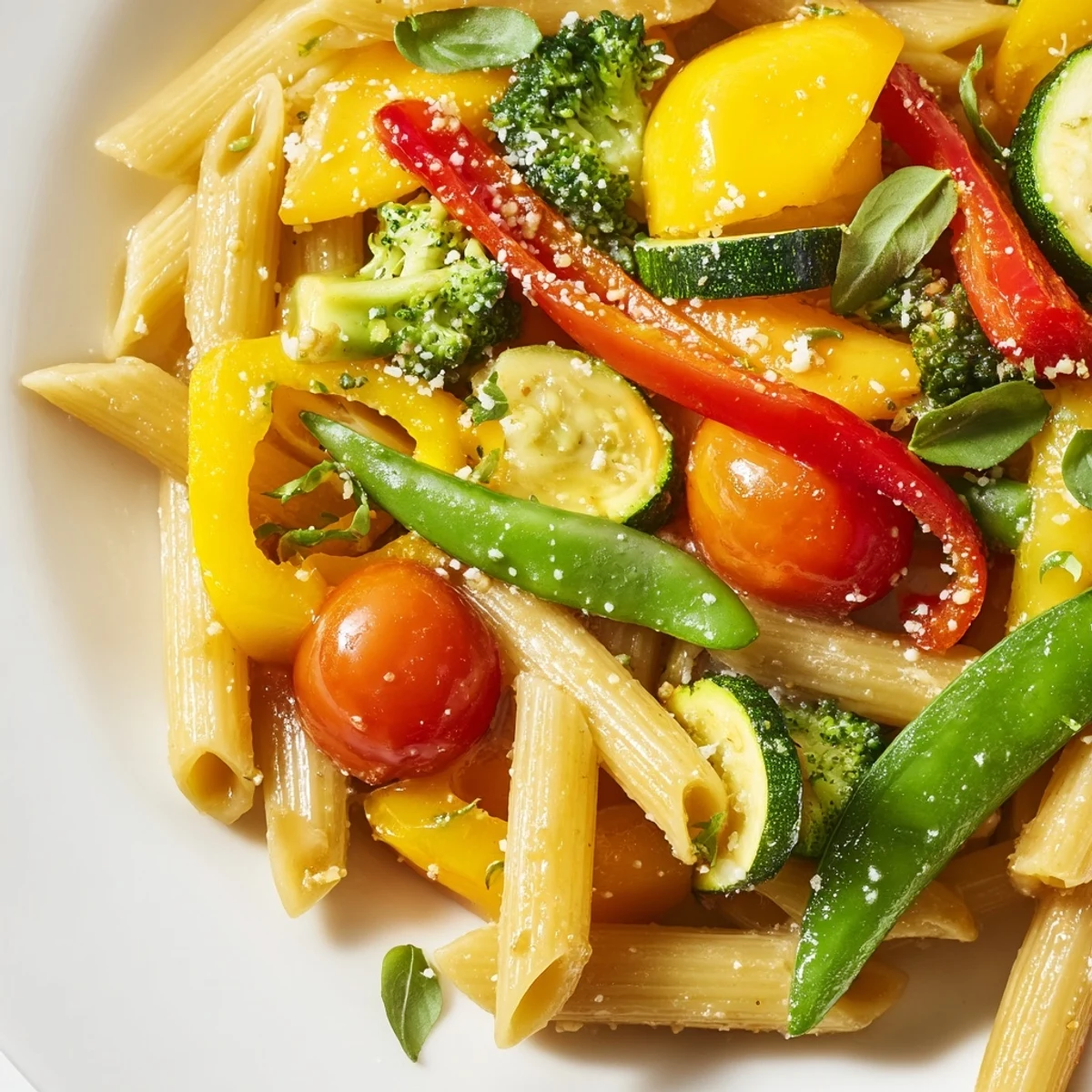 Creamy Pasta Primavera topped with grated Parmesan and fresh basil leaves