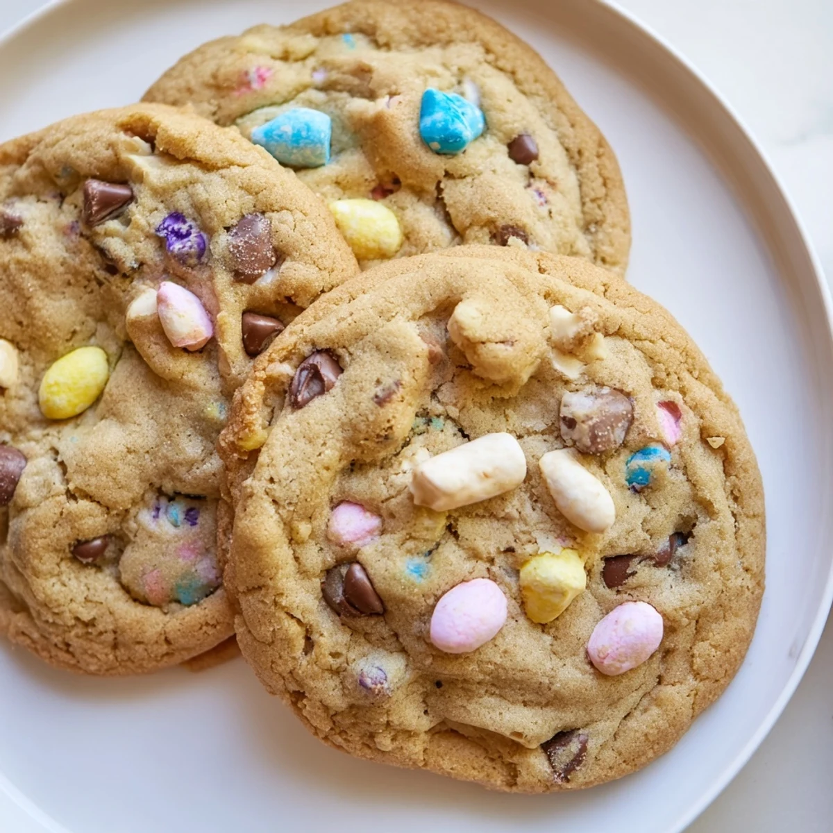 Soft golden Cadbury Egg Cookies loaded with colorful chocolate eggs on parchment paper.
