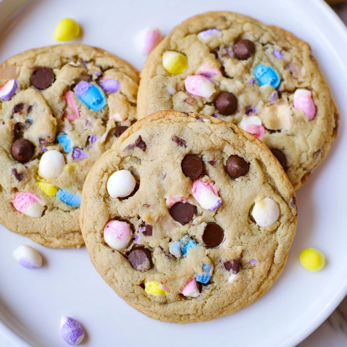 Chewy Cadbury Egg Cookies with melted chocolate chips and pastel candy pieces stacked.
