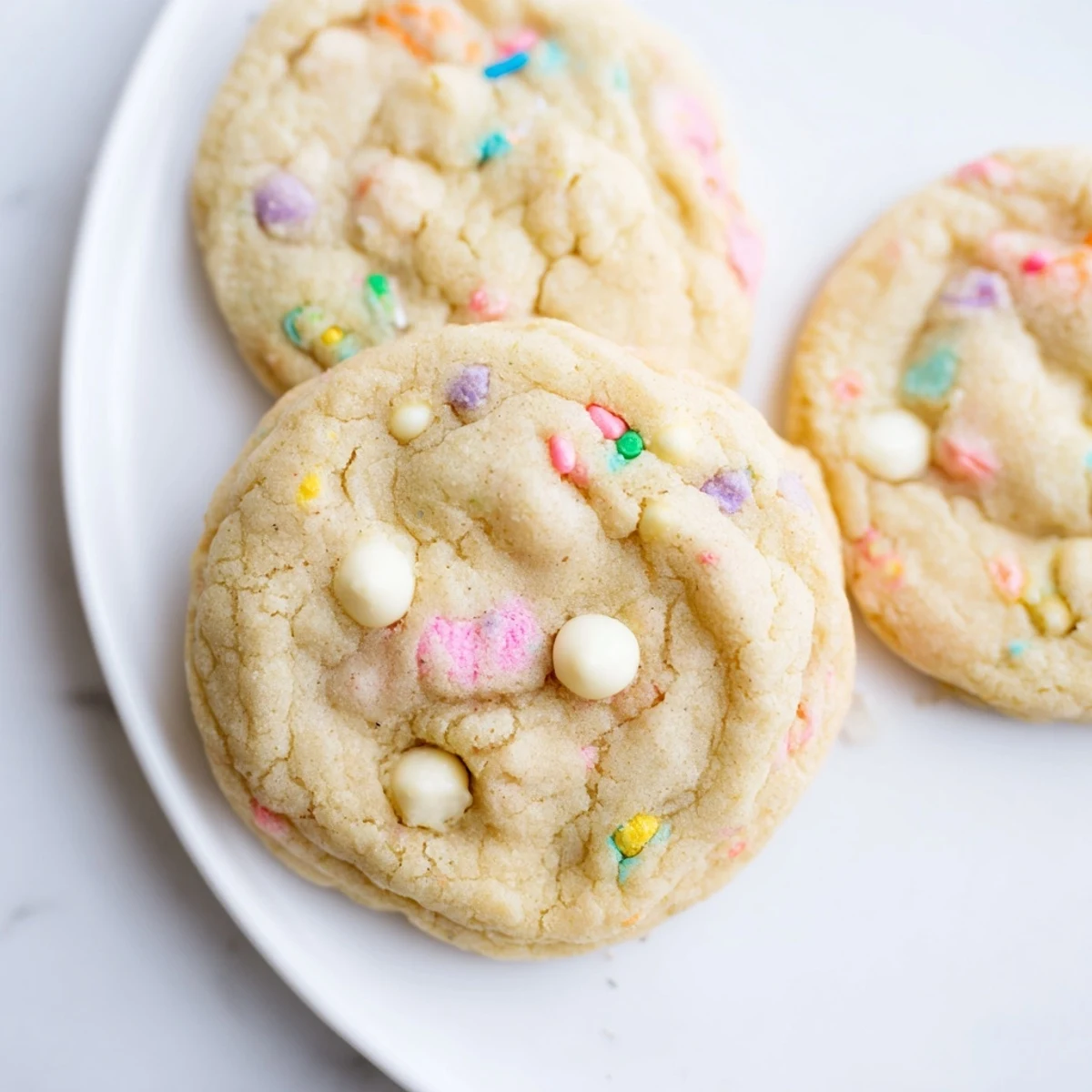 Soft pastel white chocolate cookies with creamy chips and colorful sprinkles on rustic wooden board