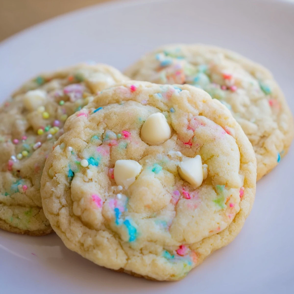 Chewy pastel white chocolate cookies fresh from oven with golden edges and melted candy chips
