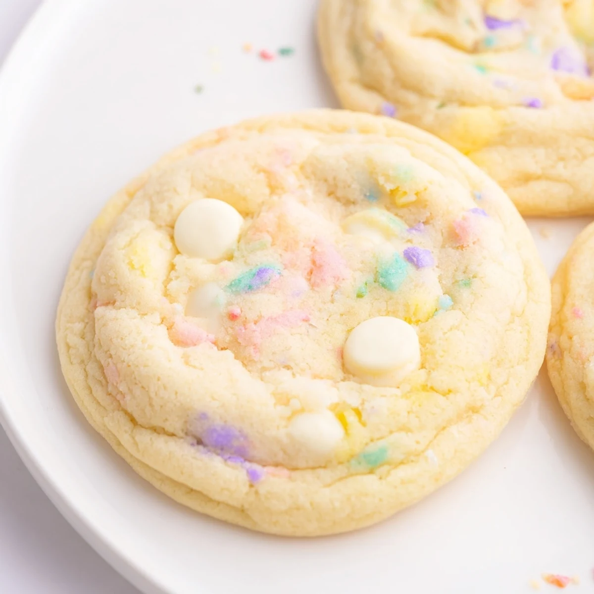 Thick pastel white chocolate cookies topped with extra sprinkles arranged on white ceramic serving plate