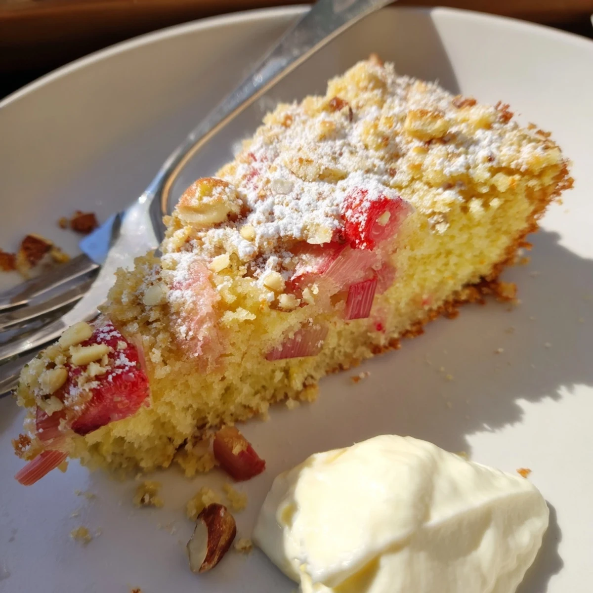 Golden rhubarb strawberry cake with crunchy almond streusel fresh from the oven