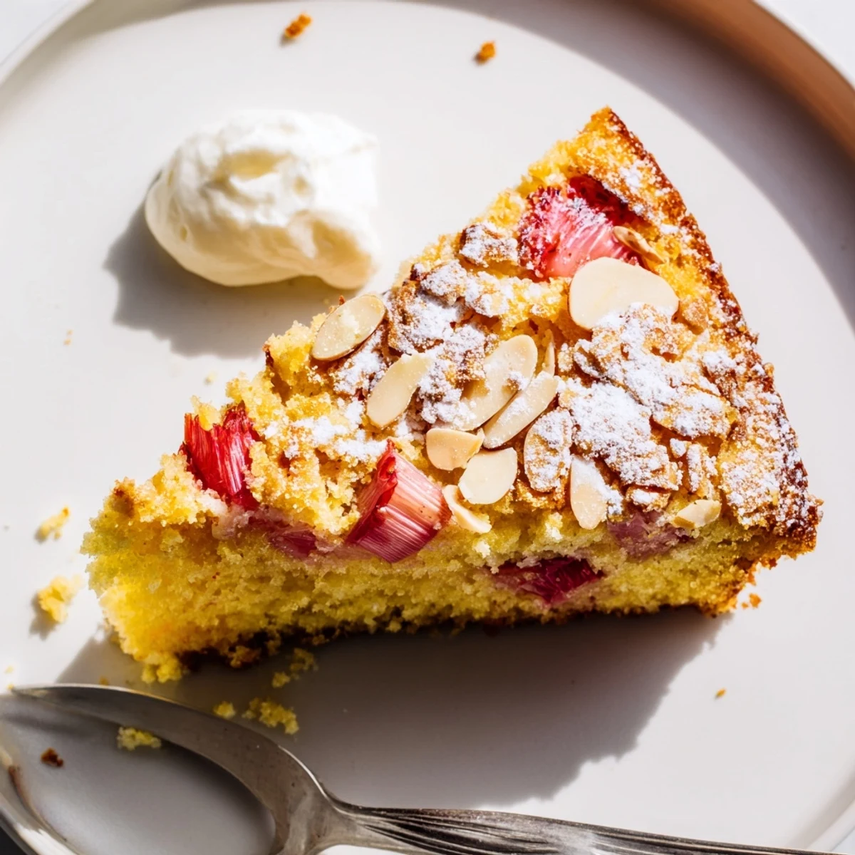 Slice of tender lemon cake layered with juicy strawberries and tangy rhubarb topping