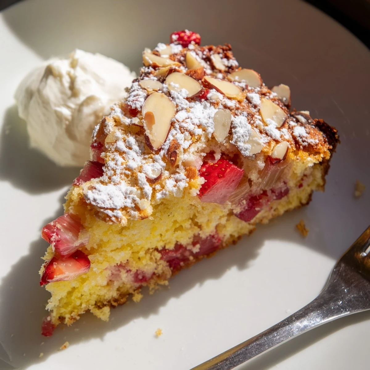 Rustic spring fruit cake crowned with crumbly almond streusel and vibrant red berries