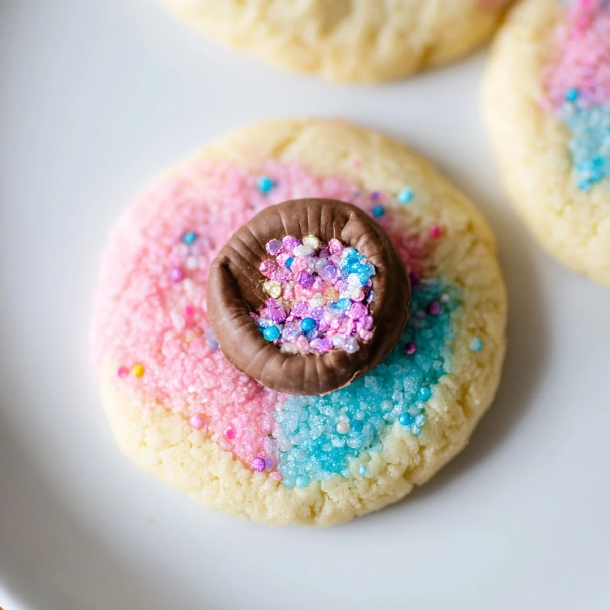 Soft Easter Blossom Cookies topped with colorful chocolate kisses and pastel sprinkles