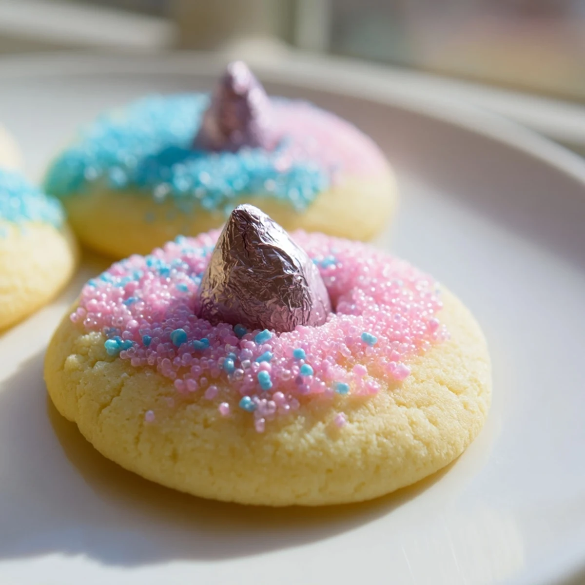 Plate of tender Easter Blossom Cookies adorned with chocolate kisses for spring celebrations