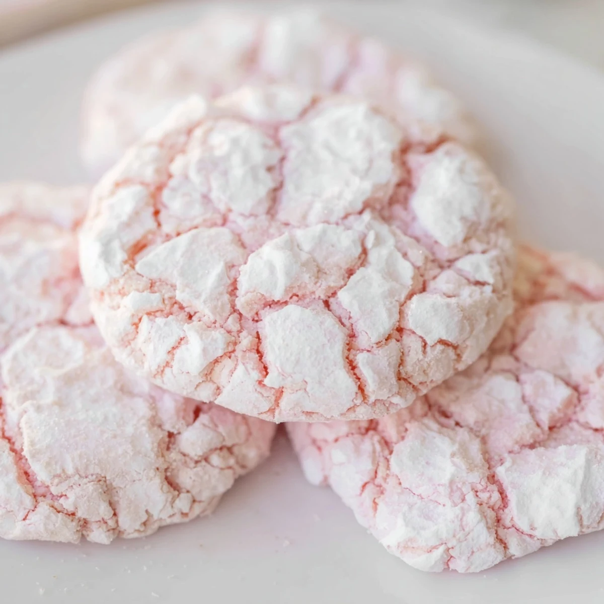 Soft pastel crinkle cookies with powdered sugar cracks on a rustic baking sheet