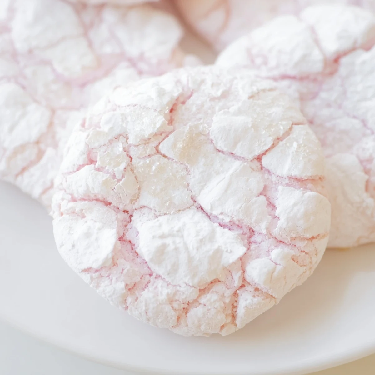 Chewy pastel crinkle cookies coated in sweet powdered sugar close up view