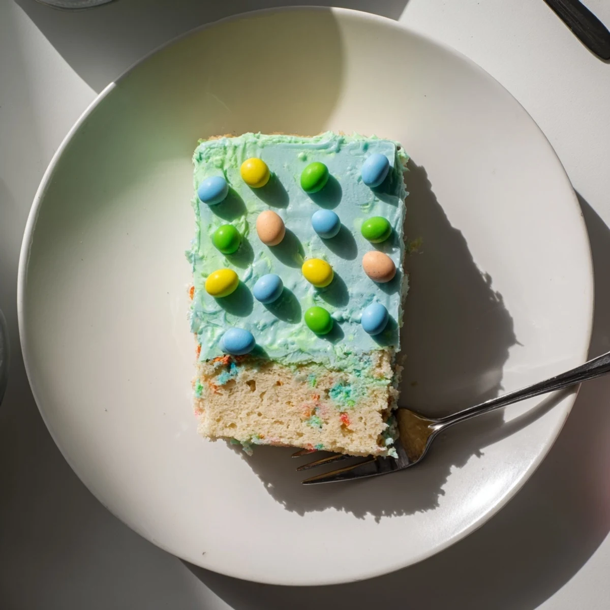 Tender Robin Egg Snack Cake topped with pastel glaze and colorful candy-coated chocolate eggs