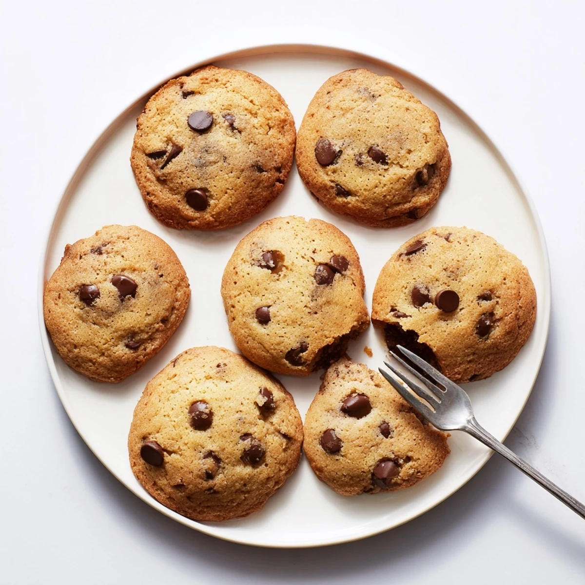 Soft nut free chocolate chip cookies with golden edges on a rustic wooden board
