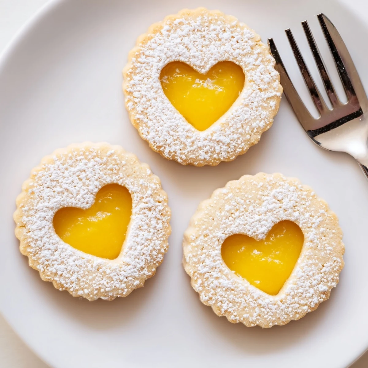 Meyer Lemon Curd Linzer Cookies with powdered sugar dusting and golden almond shortbread edges