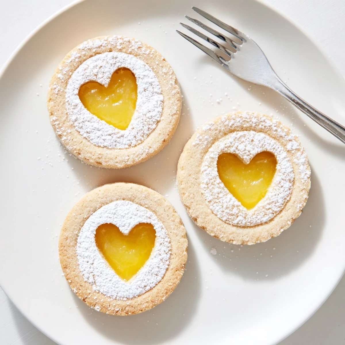 Sandwich cookies revealing vibrant yellow Meyer lemon curd through decorative cutout windows on rustic wooden surface