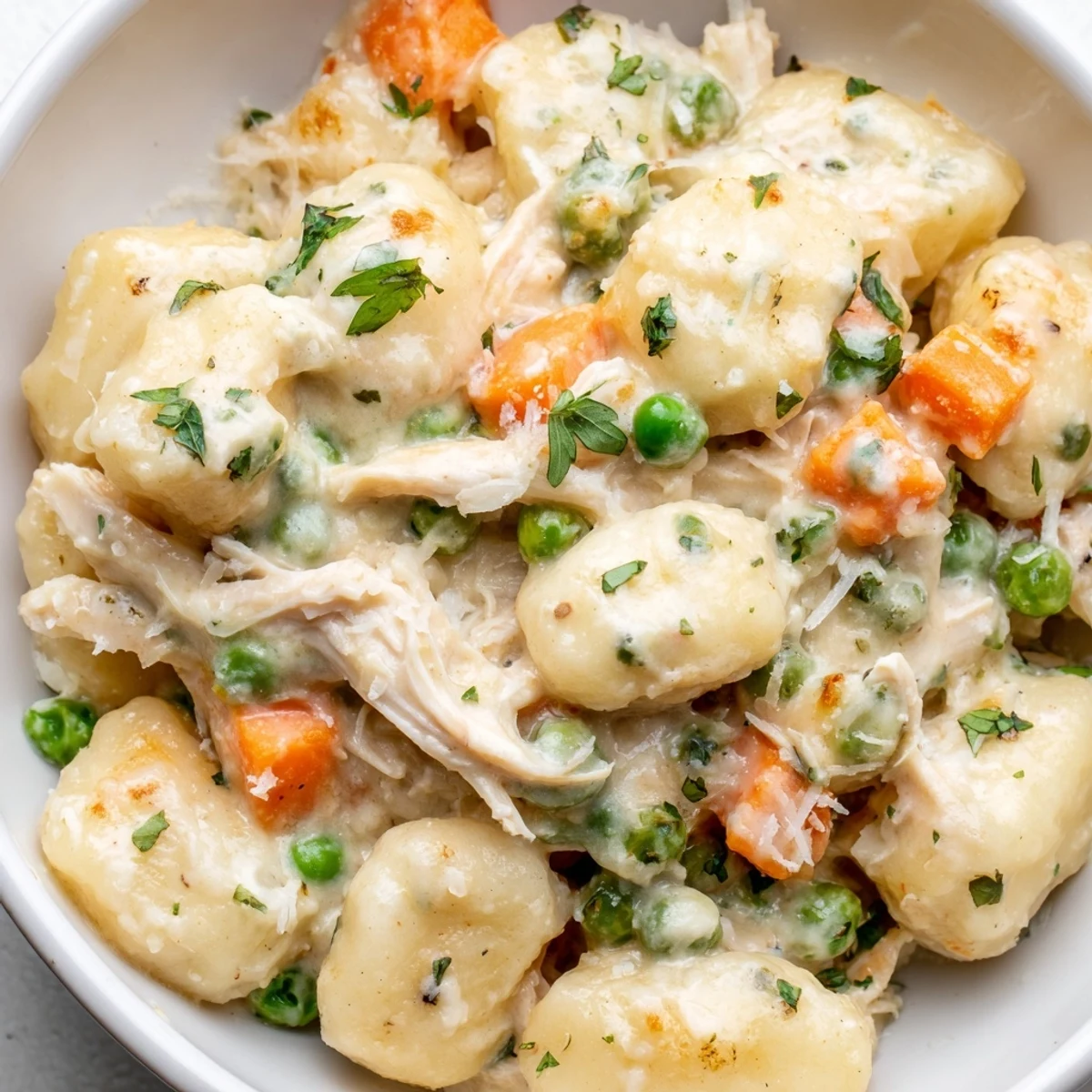 Creamy one pot gnocchi chicken pot pie with tender vegetables in golden savory sauce