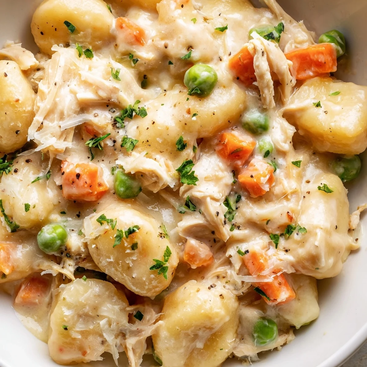 Steaming one pot gnocchi chicken pot pie topped with fresh parsley garnish