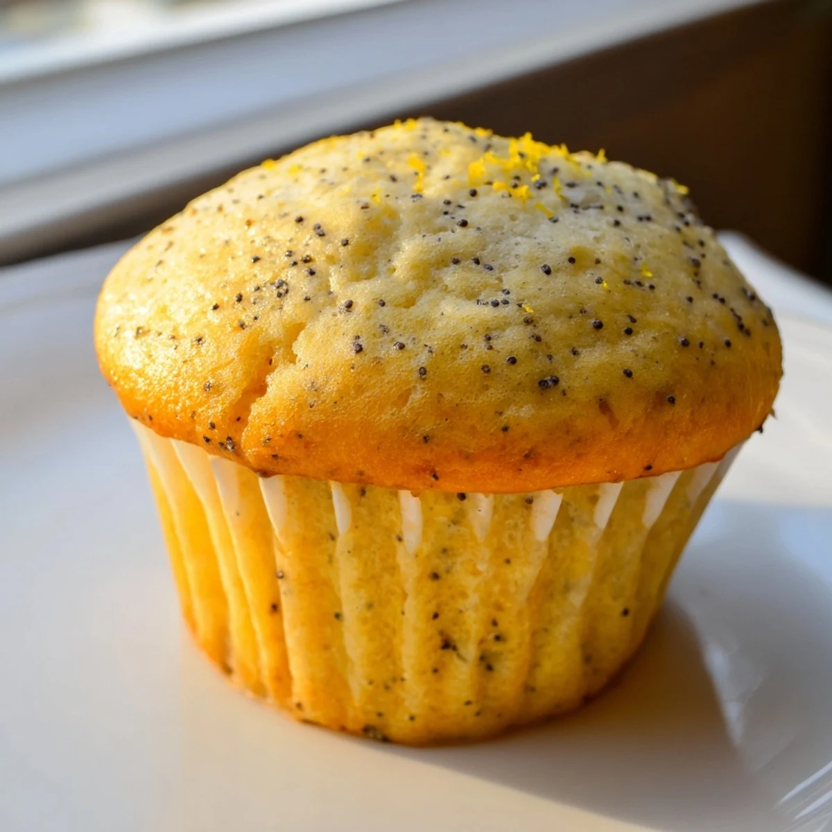 Moist lemon poppy seed muffins speckled with zest on a rustic wire cooling rack