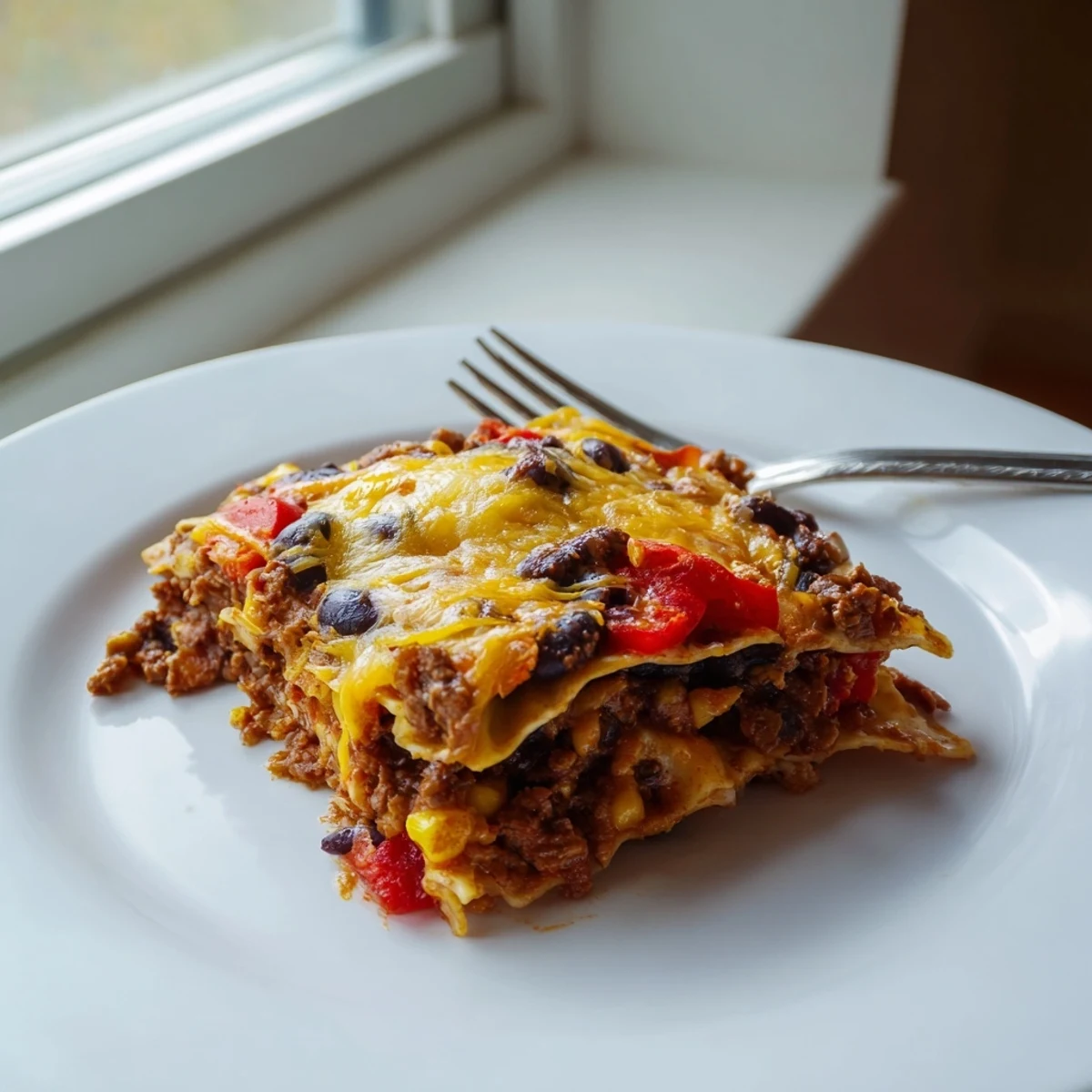 Golden Mexican lasagna with layers of tortillas, seasoned beef, and bubbling melted cheese