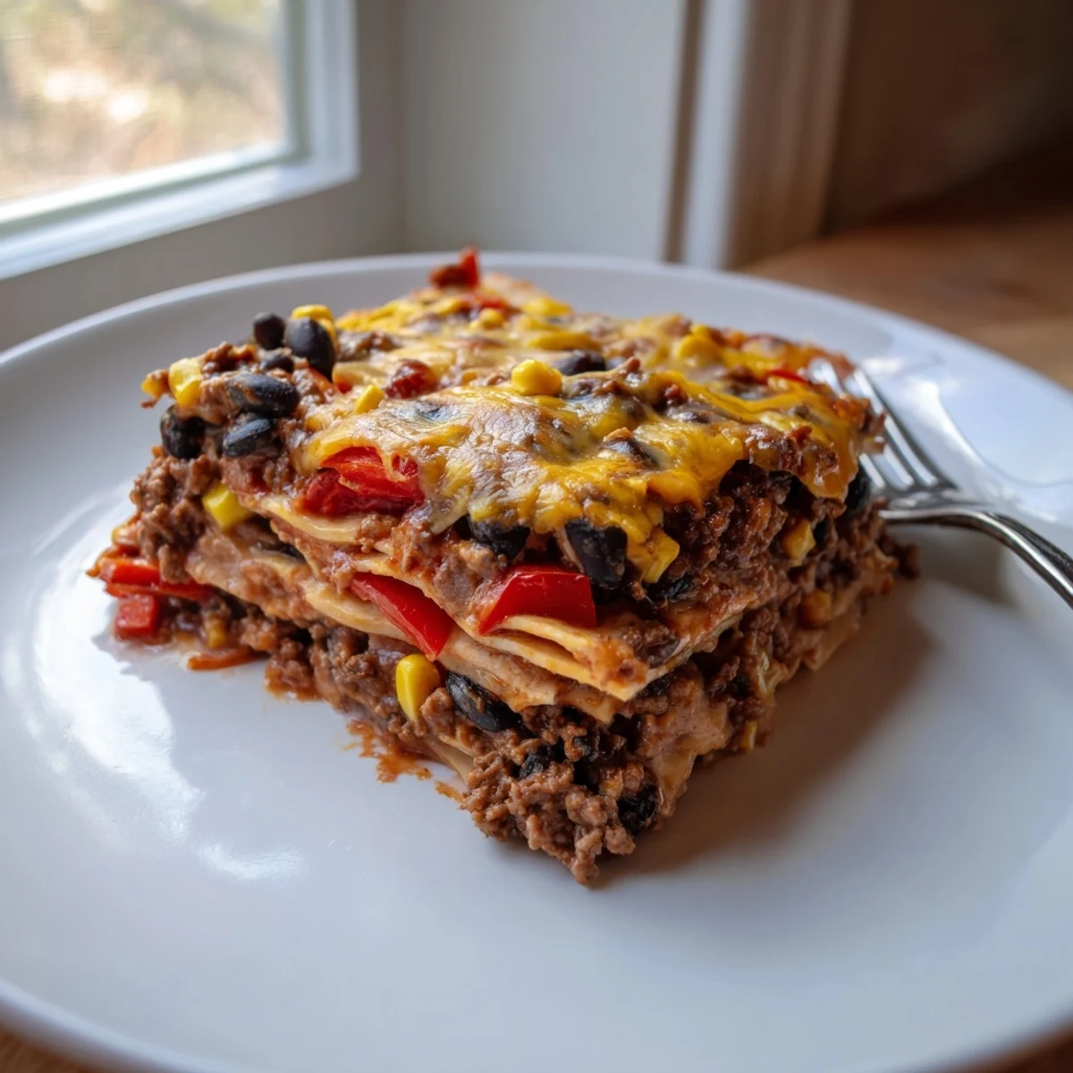 Mexican lasagna fresh from the oven with gooey cheese and colorful pepper filling