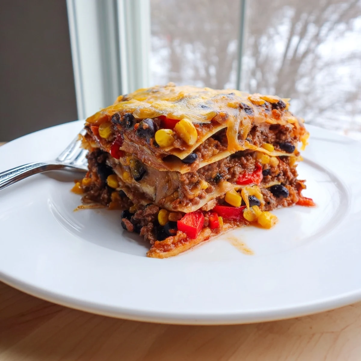 Steaming Mexican lasagna slice showing tortilla layers, spiced meat, and melted cheddar topping