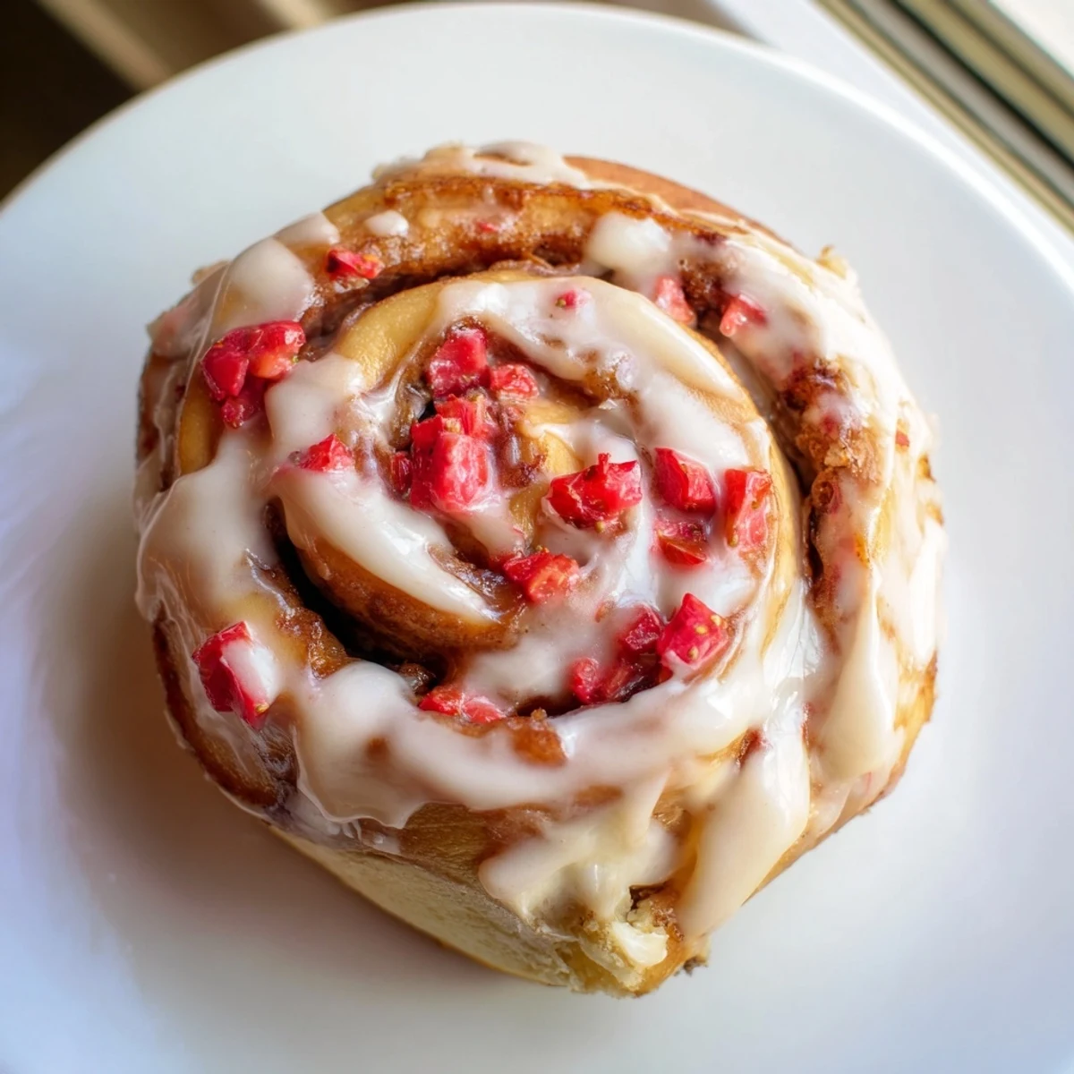 Golden strawberry cinnamon rolls dripping with cream cheese glaze on a white plate