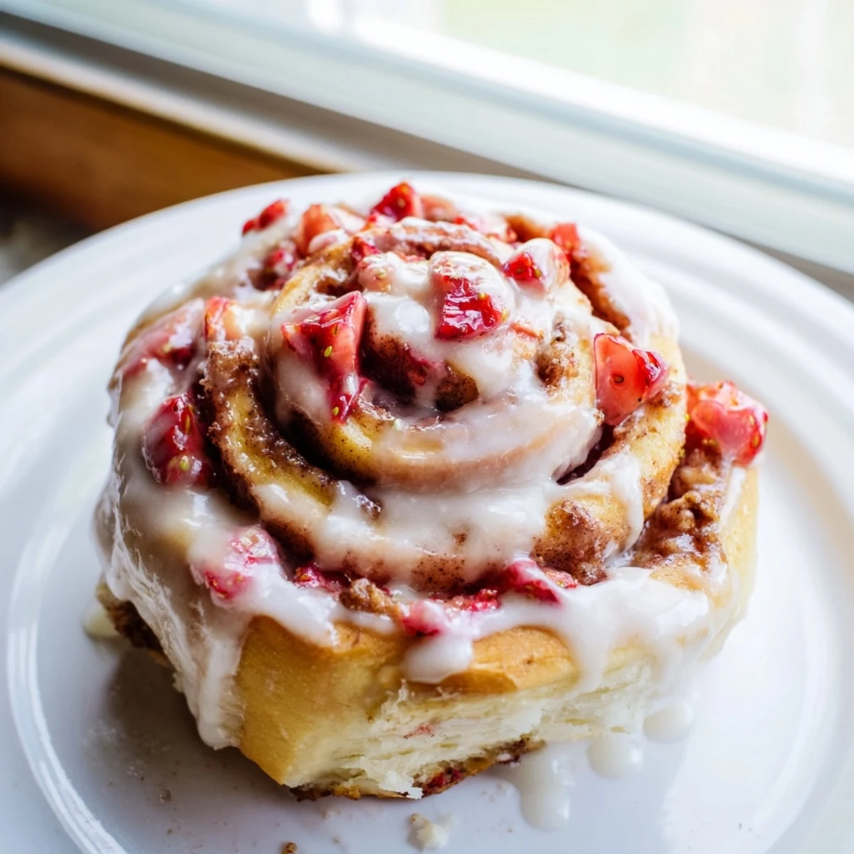 Fresh strawberry cinnamon rolls with swirled filling topped with tangy cream cheese frosting