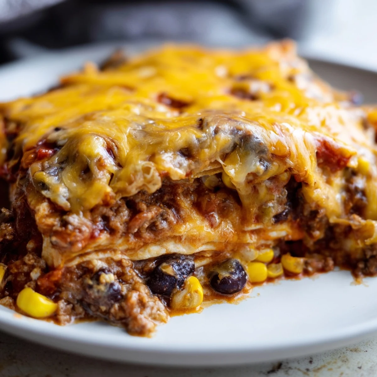Golden melted cheese tops this baked beef enchilada casserole with rich red sauce