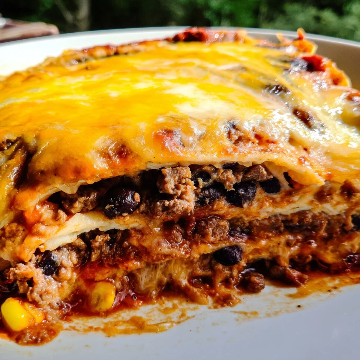 Layers of seasoned beef and tortillas in bubbling baked beef enchilada casserole dish