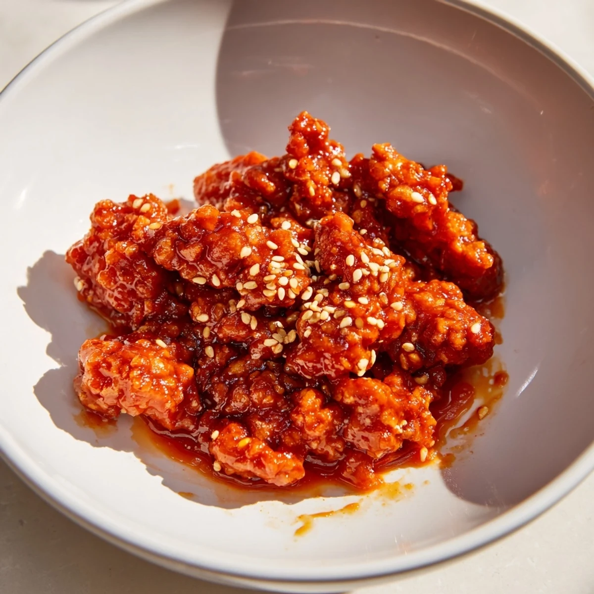 Spicy Firecracker Ground Chicken Bowls drizzled with tangy sauce over fluffy rice