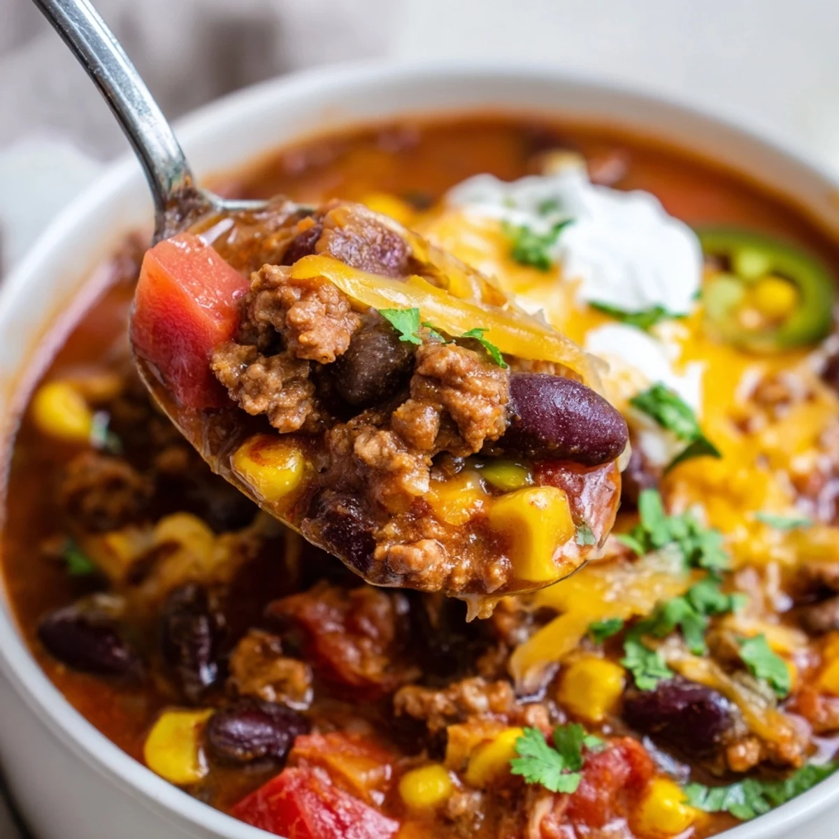 Steaming bowl of Crockpot Ground Beef Taco Soup topped with melted shredded cheese and fresh cilantro